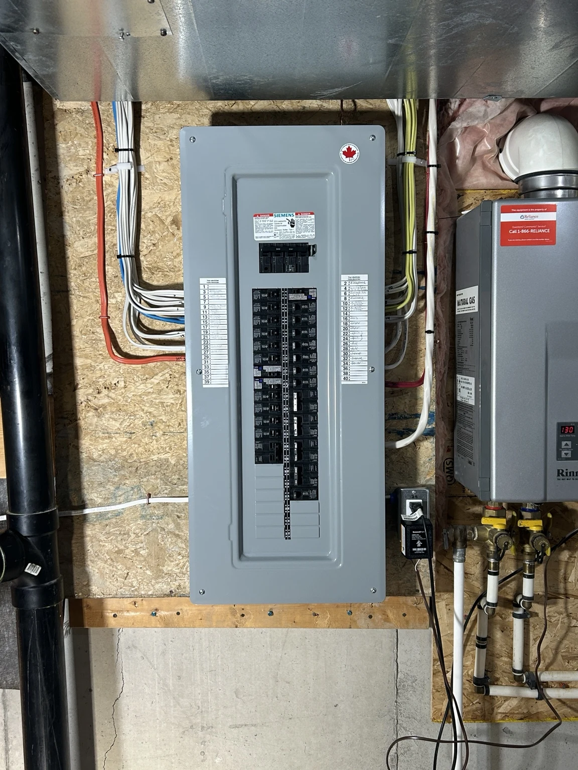 Completed Siemens electrical panel installation with labelled circuits and organized cable routing